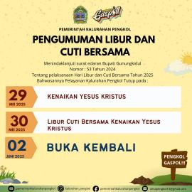 Pelayanan Kalurahan Pengkol Tutup Selama Libur Cuti Bersama Kenaikan Yesus Kristus